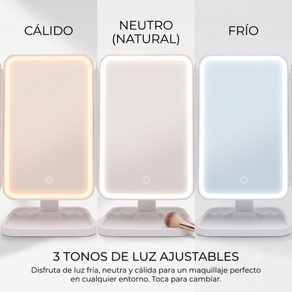 Espejo de maquillaje plegable con luz LED